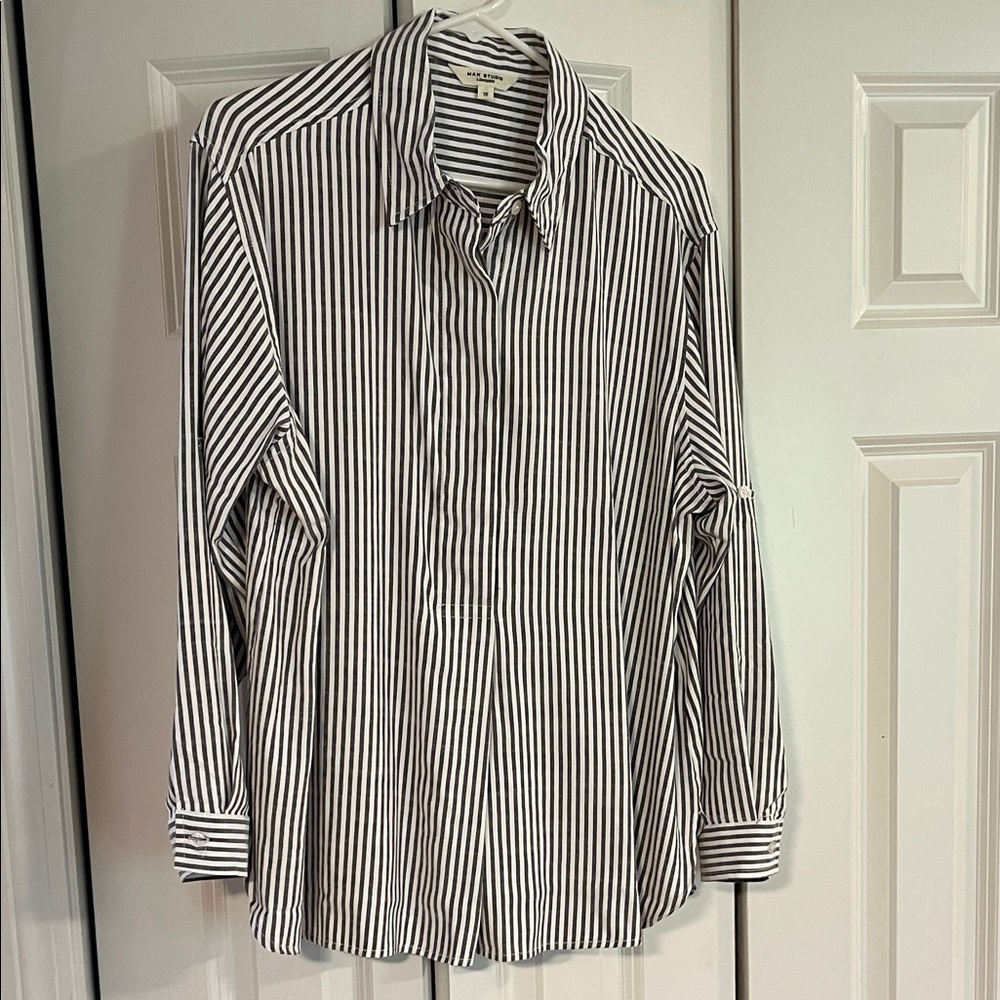 Max Studio White and Grey Striped Button Down Shirt
